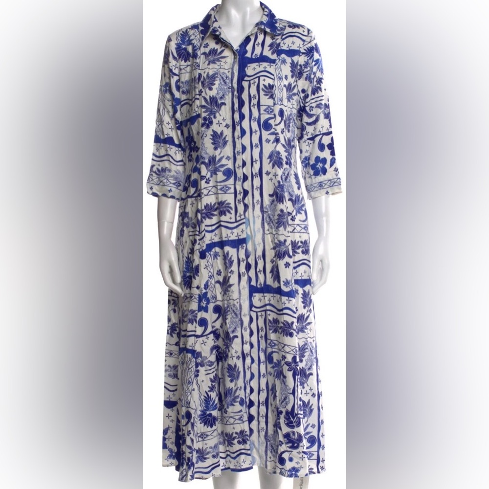 Jolie Blue and White Floral Linen Long Dress